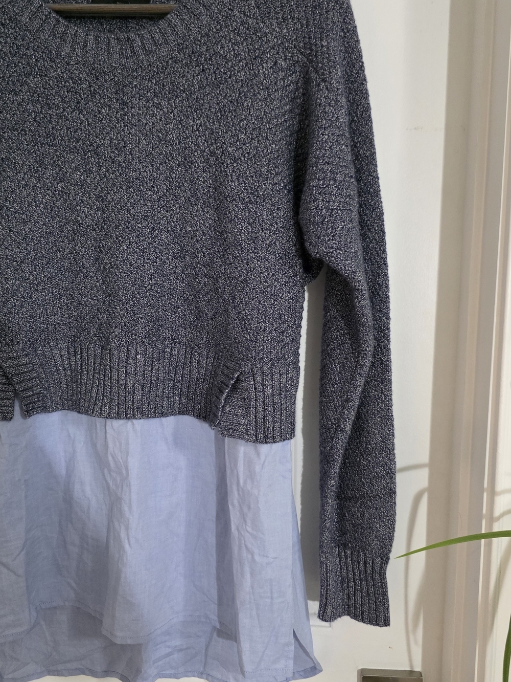 Banana Republic Layered Sweater Shirt | Gray Knit Pullover with Blue Hem | Med - Picture 6 of 11